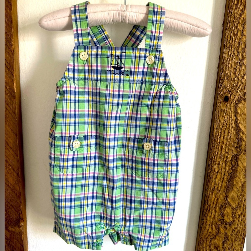 Vintage Chaps Baby Boy easter Plaid Overalls Shortalls Vibrant Colors adorable